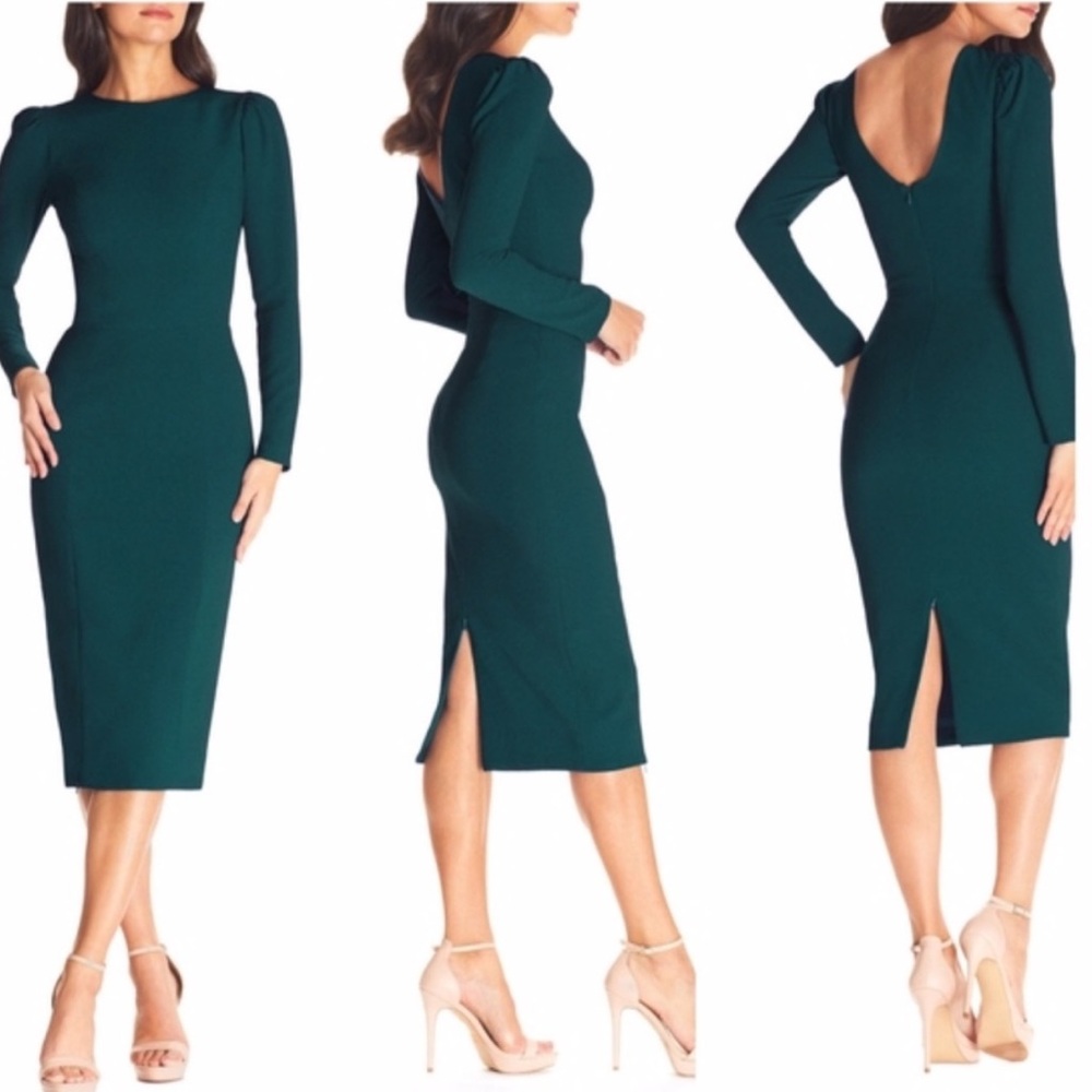 Dress the Population NWT Nadia Midi Sheath Dress in Pine V-Back Long Sleeve XL